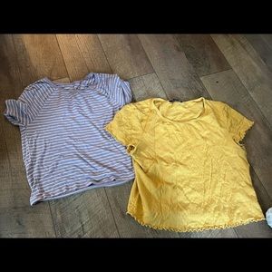 TWO AMERICAN EAGLE TEES, PURPLE AND WHITE STRIPES, YELLOW, SIZE SMALL, OK CON